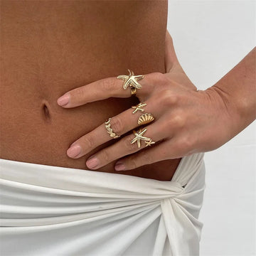 DAIIIBABYYY  -  4Pcs/set Vintage Metal Shell Starfish Rings For Women Silver Color Shell Ocean Openning Ring Set Wedding Summer Jewelry Gifts
